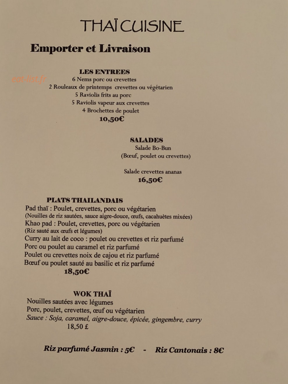 Thai Cuisine — carte page 1