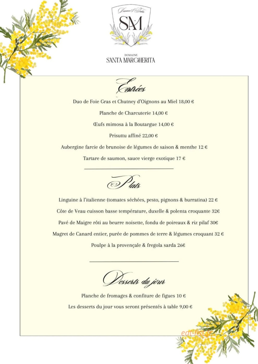 Carte et menu de Santa Margherita à Castellare Di Casinca — La carte