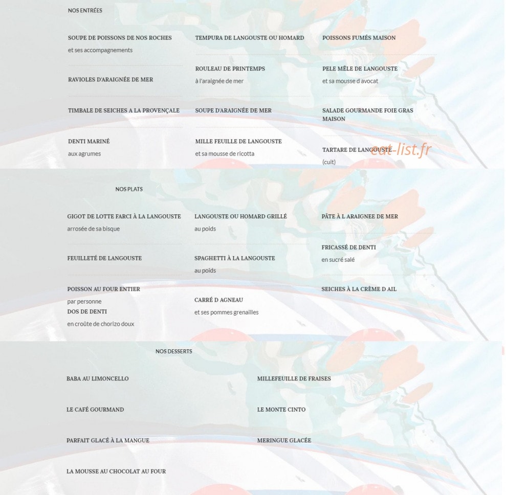 Carte et menu de L'ange des mers à Calenzana — Entrées, plats et desserts