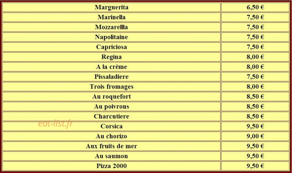 Pizza 2000 — carte page 1