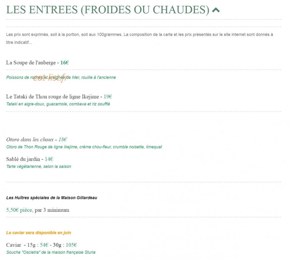 Carte et menu de L'Auberge du pêcheur à Saint Florent — entrées