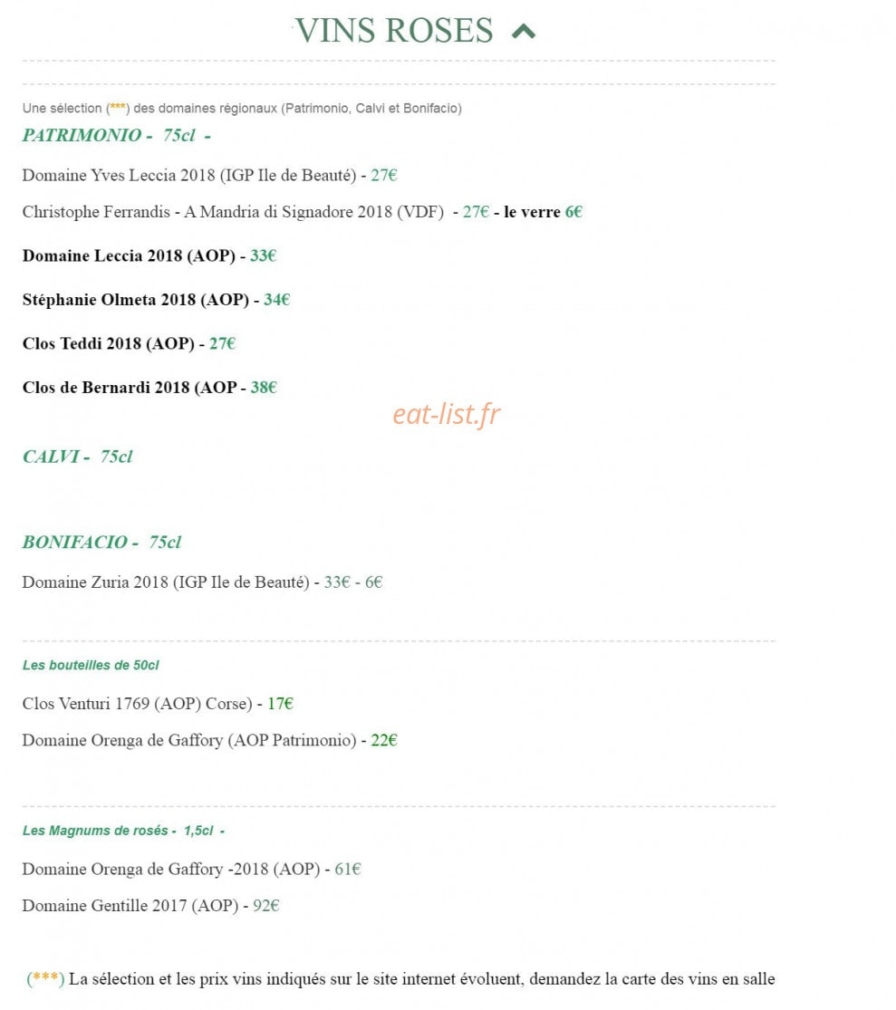 Carte et menu de L'Auberge du pêcheur à Saint Florent — vins rosés