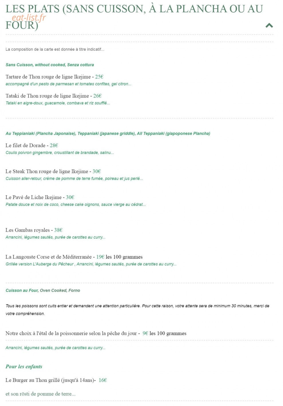 Carte et menu de L'Auberge du pêcheur à Saint Florent — plats