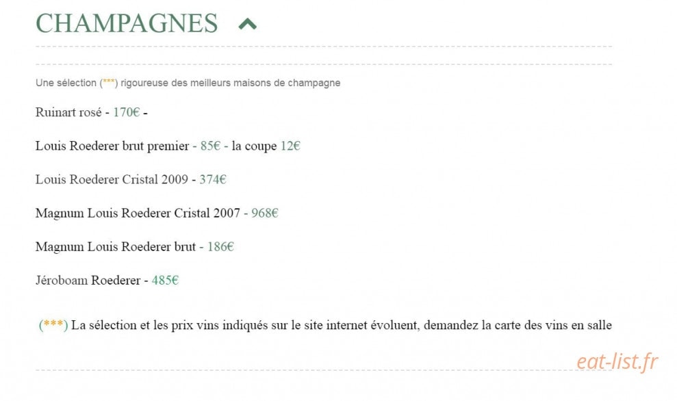 Carte et menu de L'Auberge du pêcheur à Saint Florent — champagnes