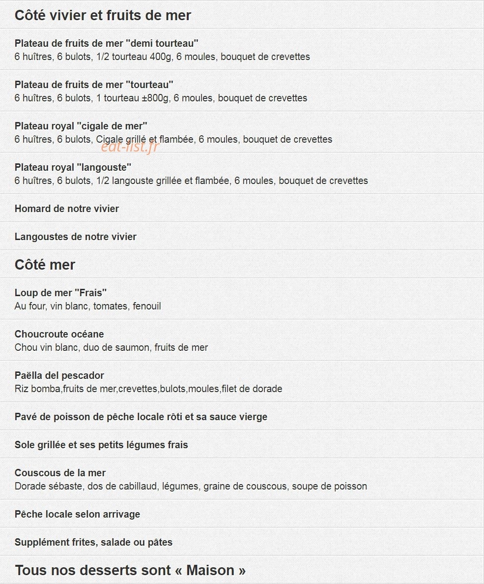 Carte et menu de L'abri des flots à L' Ile Rousse — Les fruits de mer