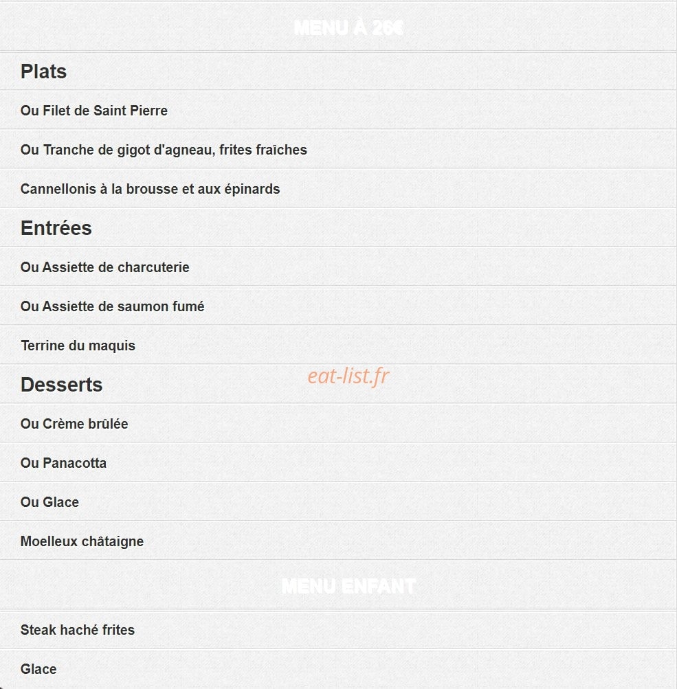 Carte et menu de L'abri des flots à L' Ile Rousse — Le menu à 26€