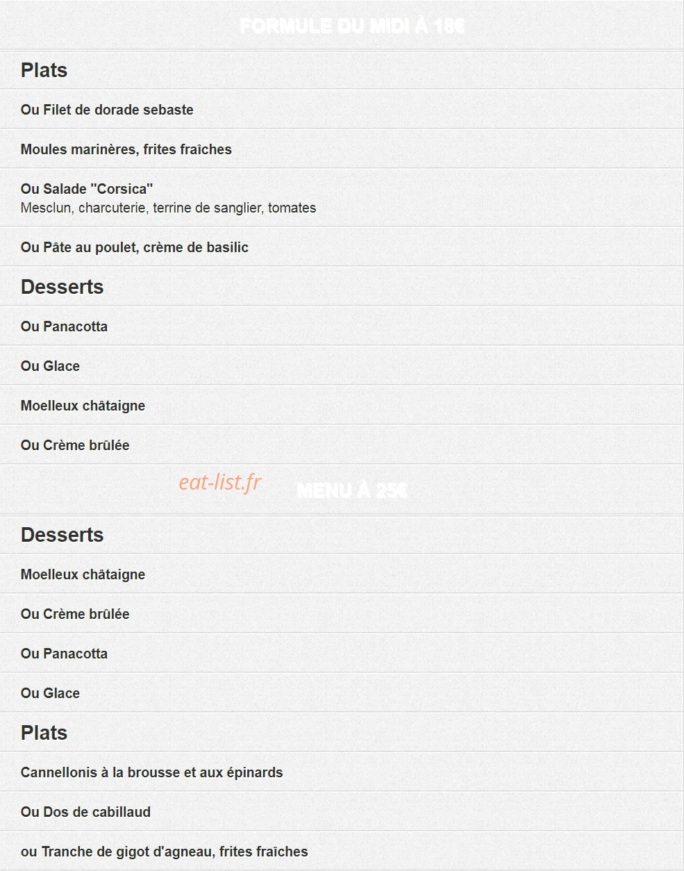 Carte et menu de L'abri des flots à L' Ile Rousse — La formule midi et menu à 25€