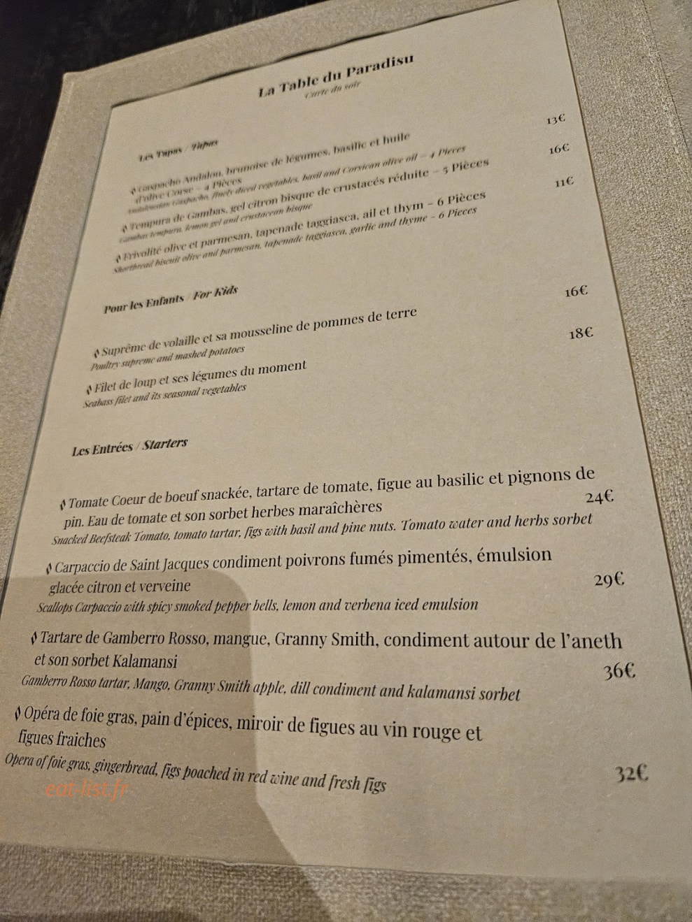 La table du Paradisu — carte page 1