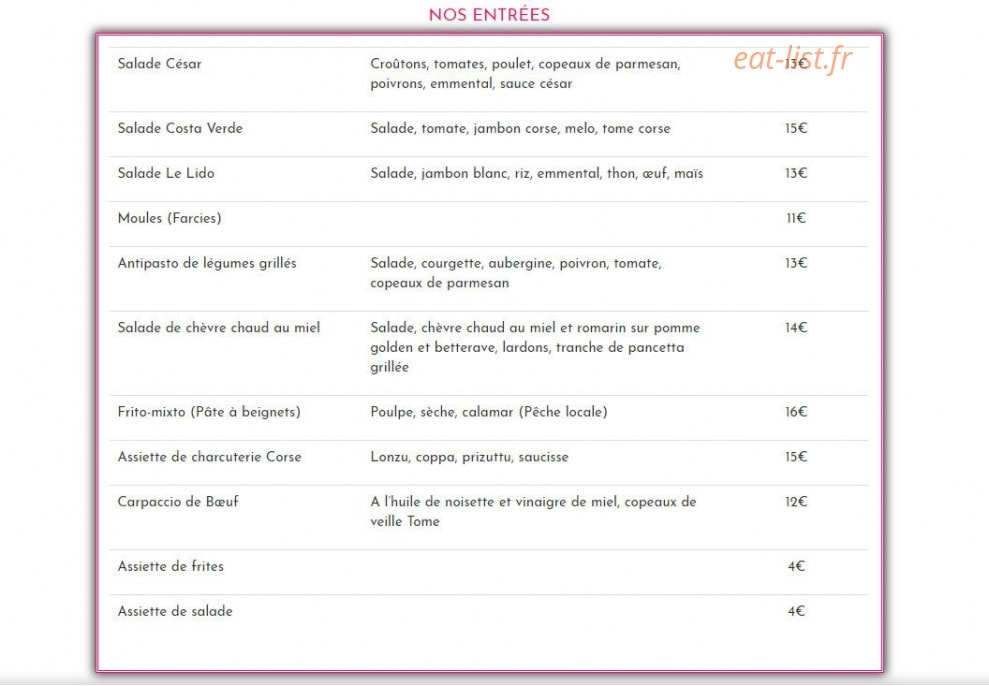 Le Lido Moriani — carte page 4
