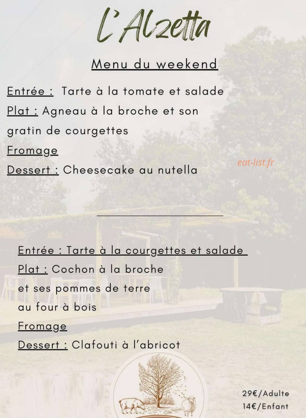 Carte et menu de L’Alzetta auberge à Ghisonaccia — Les menus du week-end