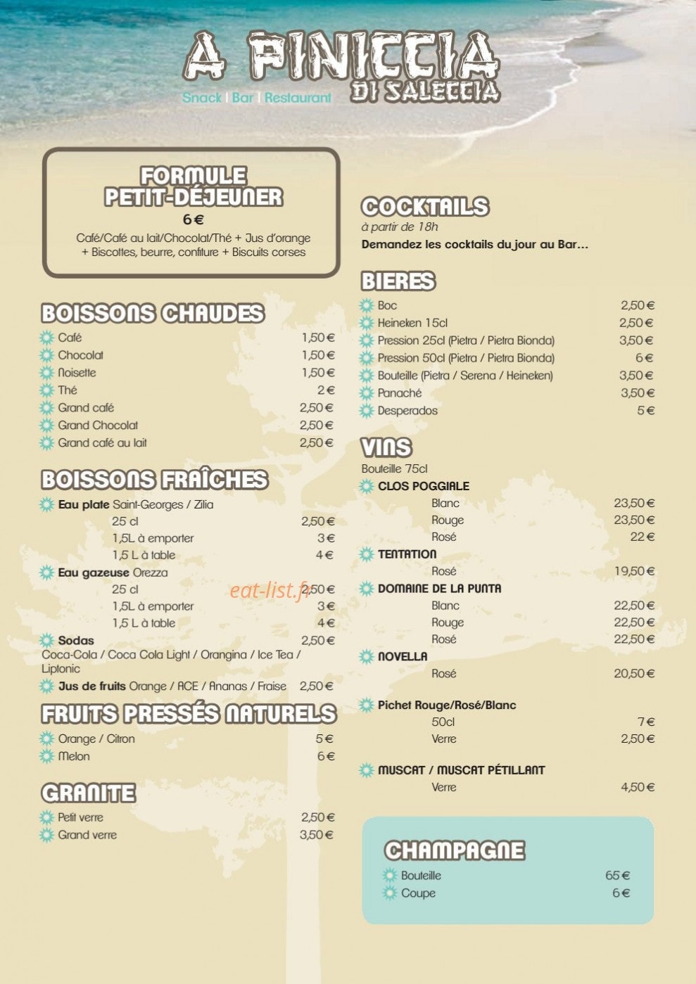 Carte et menu de A Piniccia di Saleccia à Santo Pietro Di Tenda — La formule petit déjeuner, les boissons, les vins ...
