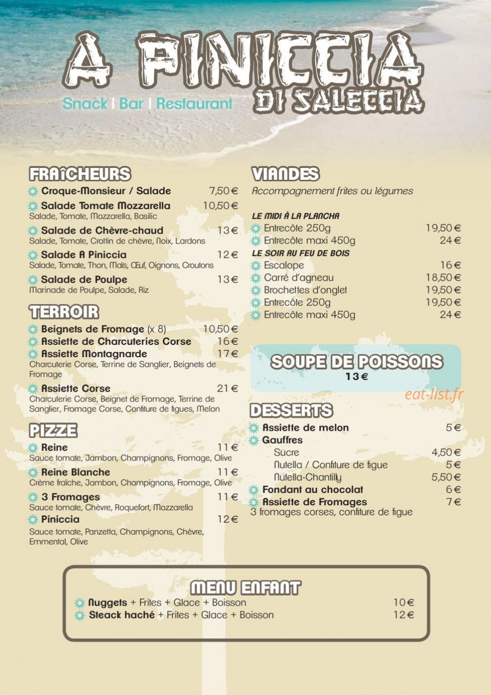 Carte et menu de A Piniccia di Saleccia à Santo Pietro Di Tenda — Les viandes, les fraîcheurs, les pizzas ...