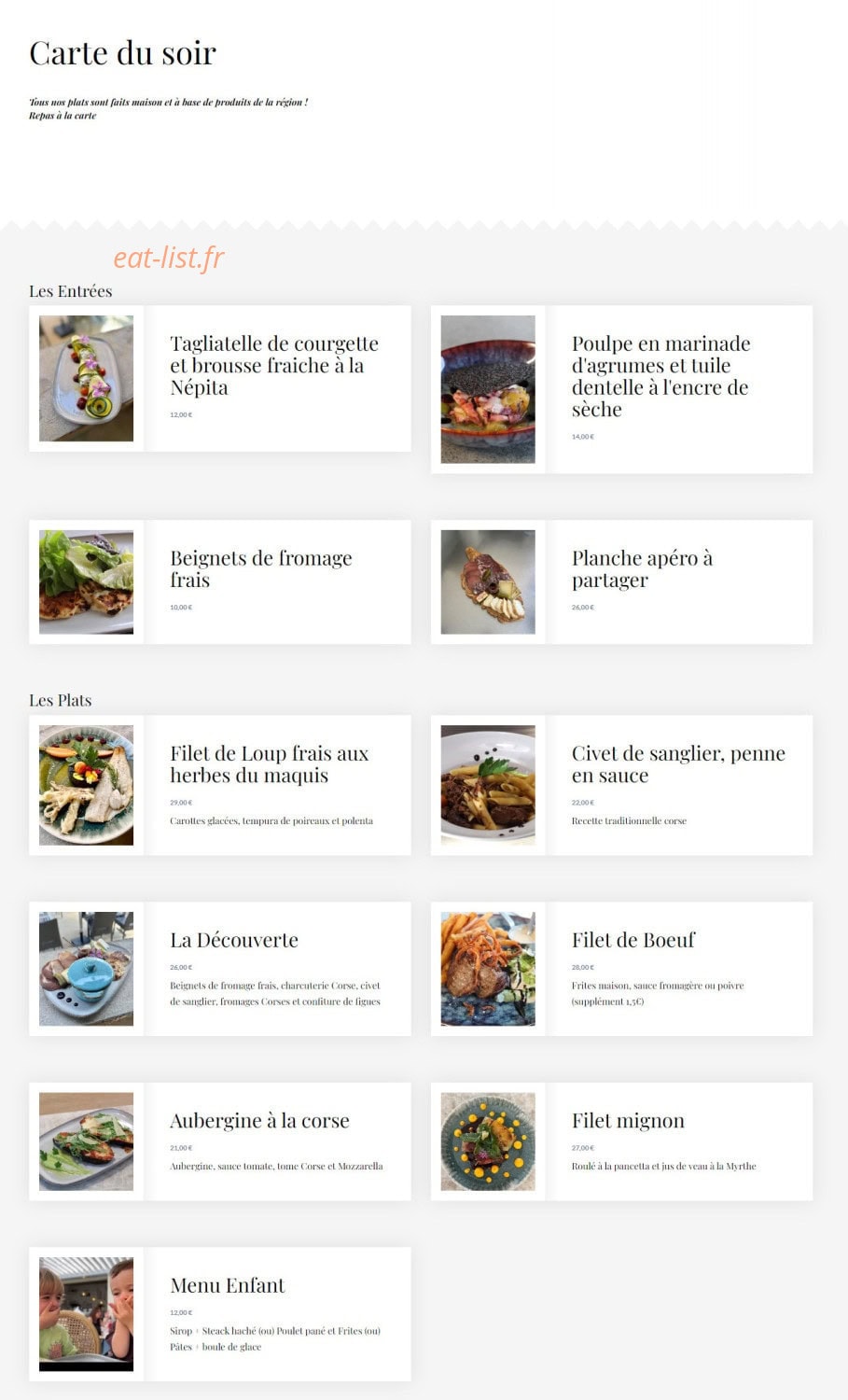 Carte et menu de U Santu Petru à Santo Pietro Di Tenda — La carte du soir