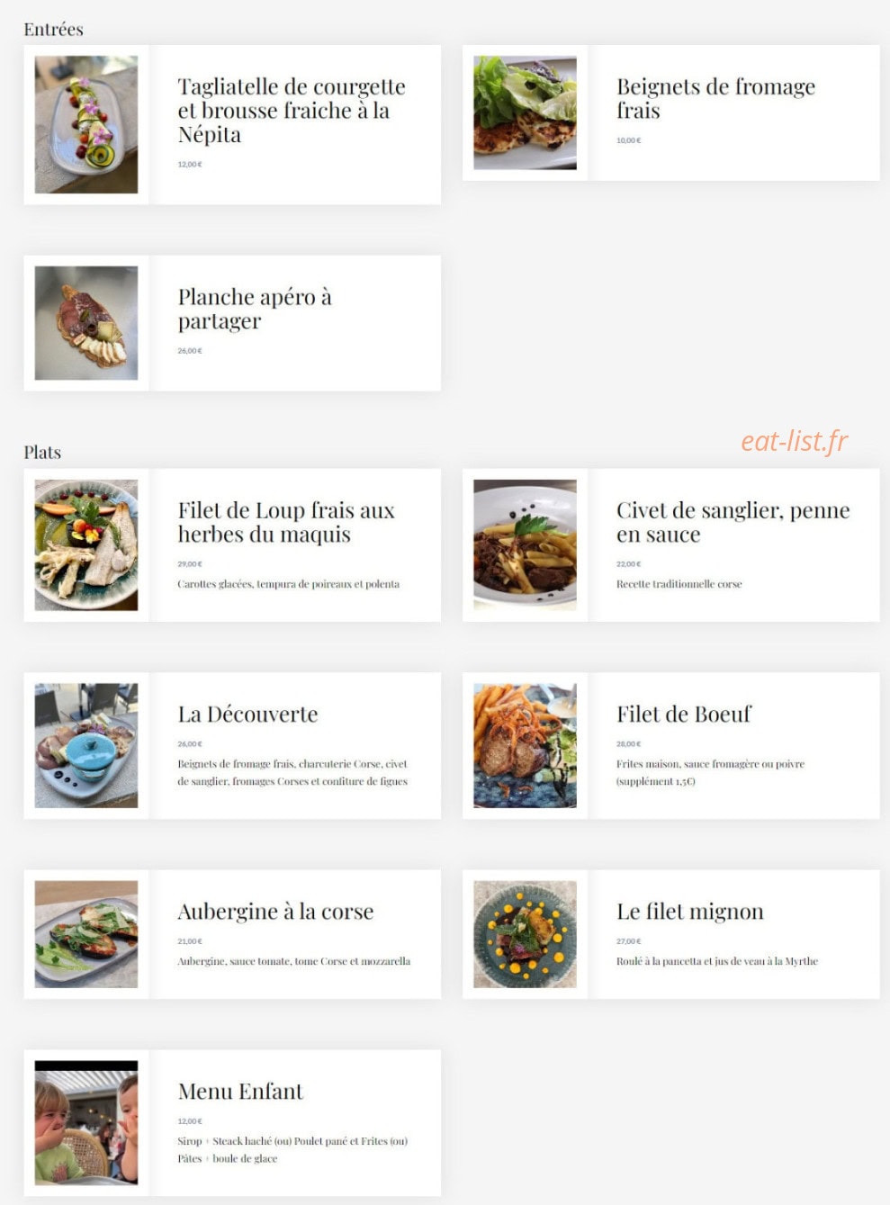 Carte et menu de U Santu Petru à Santo Pietro Di Tenda — La carte du midi