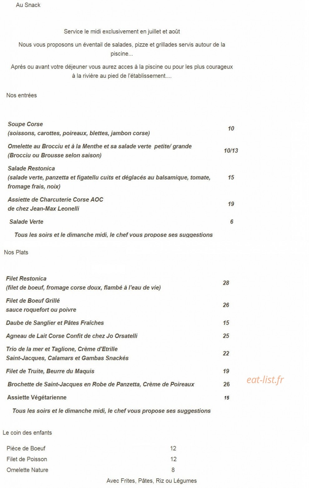 Auberge de la Restonica — carte page 1