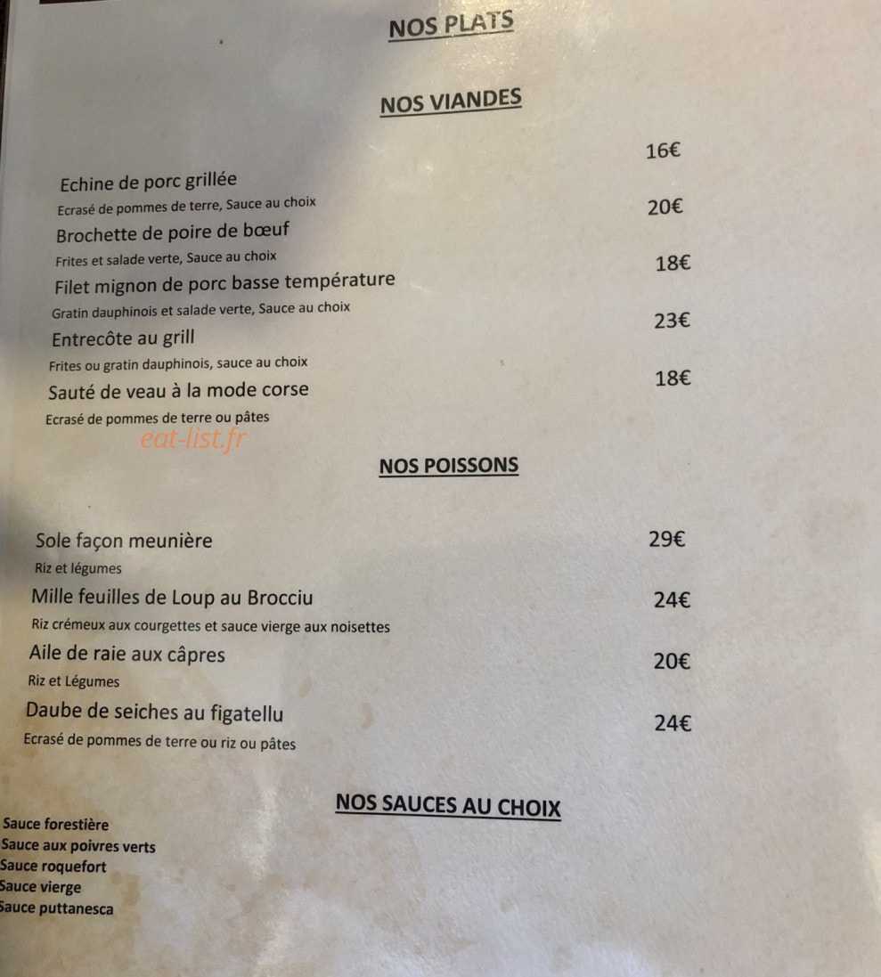 Carte et menu de Le clos des sens à Calvi — Les plats et sauces