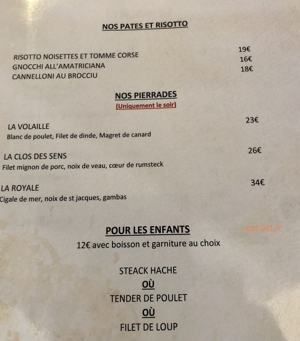 Carte et menu de Le clos des sens à Calvi — Les pates et pierrades