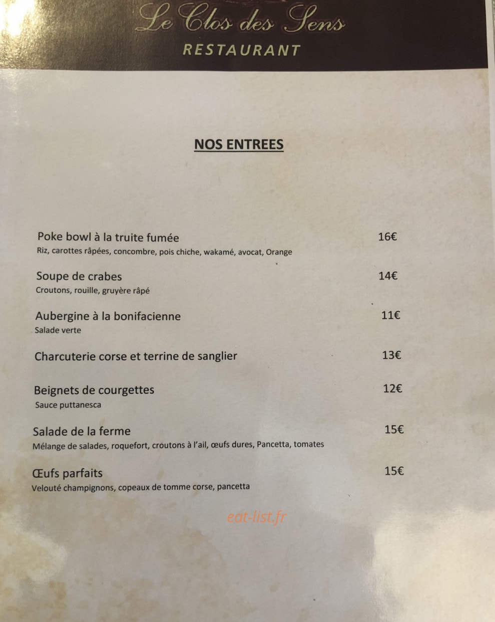 Carte et menu de Le clos des sens à Calvi — Les entrées