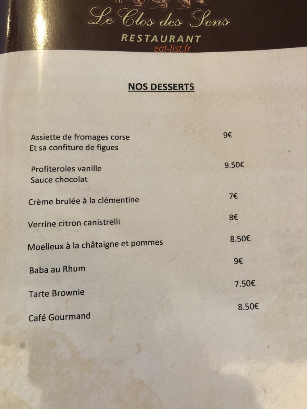 Carte et menu de Le clos des sens à Calvi — Les desserts