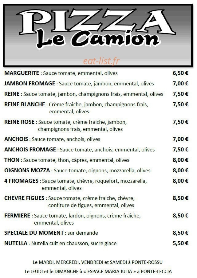 Pizza Le Camion — carte page 1