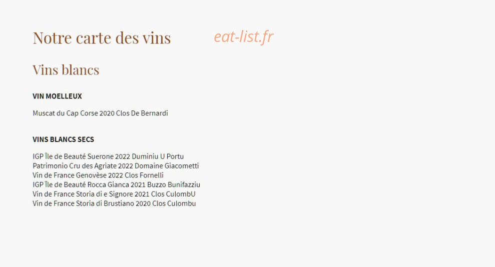 Carte et menu de Charcuterie Pierre-Louis Pistorozzi à Ville Di Paraso — Les vins