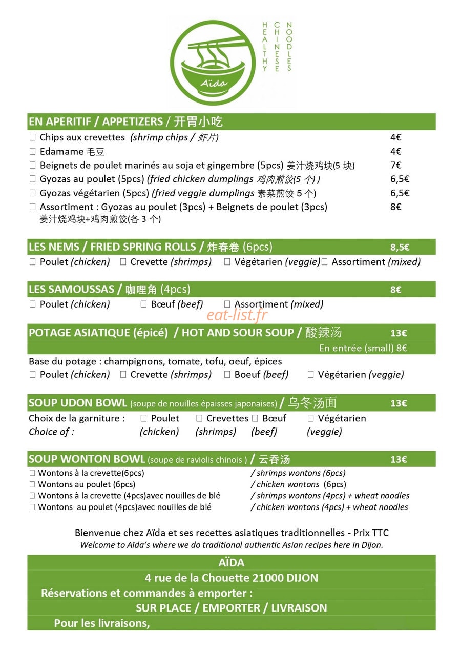 Aïda Healthy Noodle — carte page 1