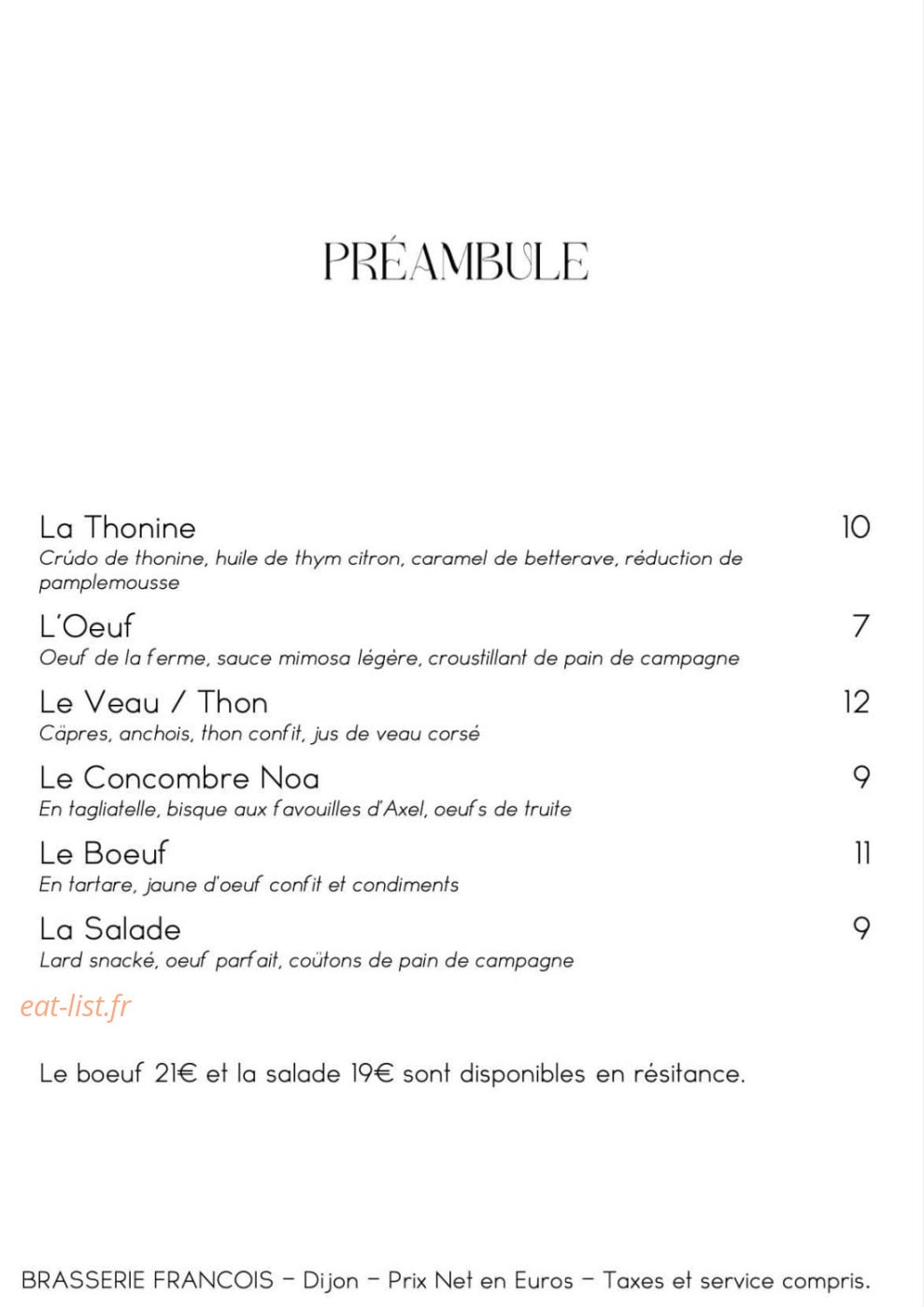 Brasserie François — carte page 1