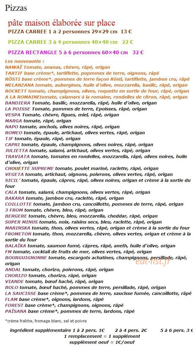 Chouette Pizza — carte page 1