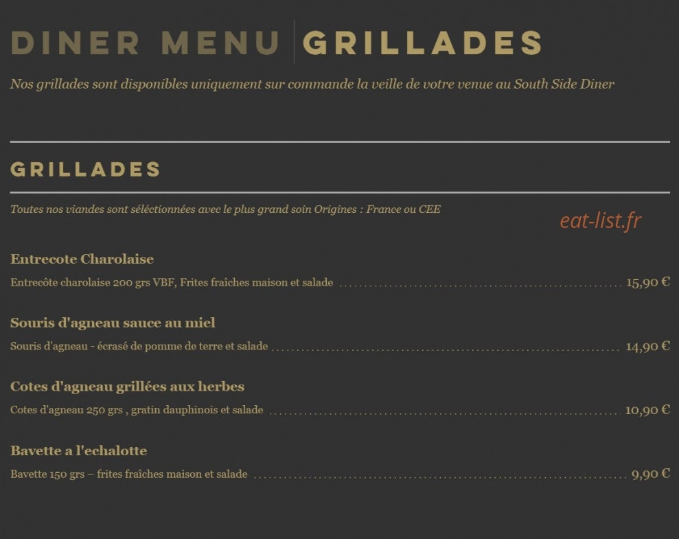 South Side Diner — carte page 1