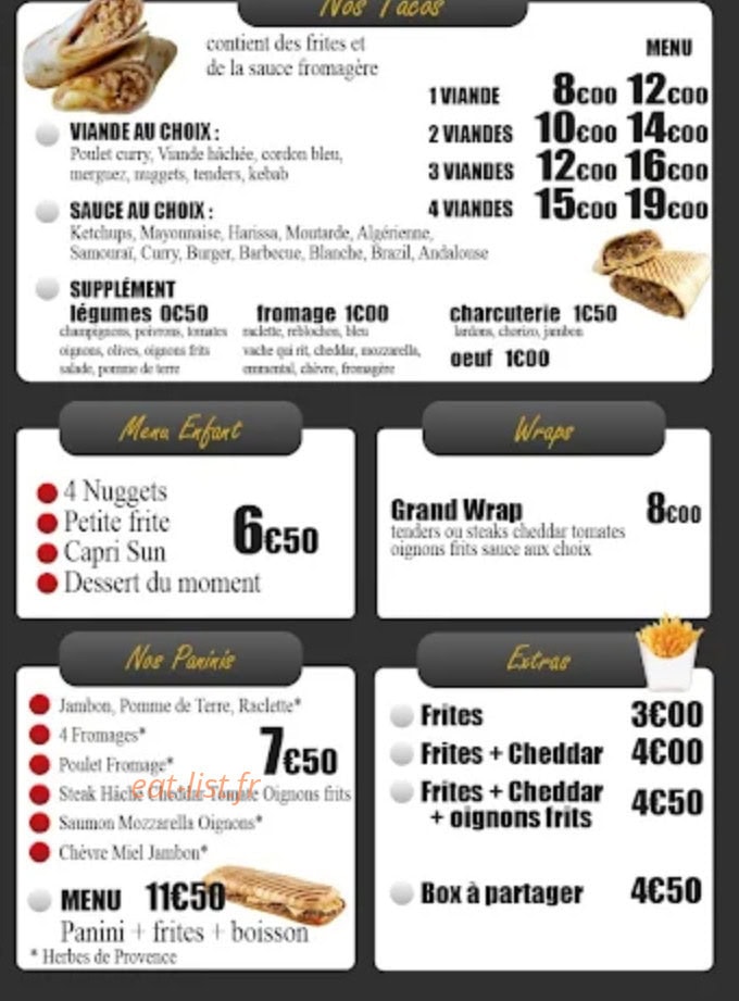 Carte et menu de Genlis Pizza à Genlis — Les tacos, paninis...