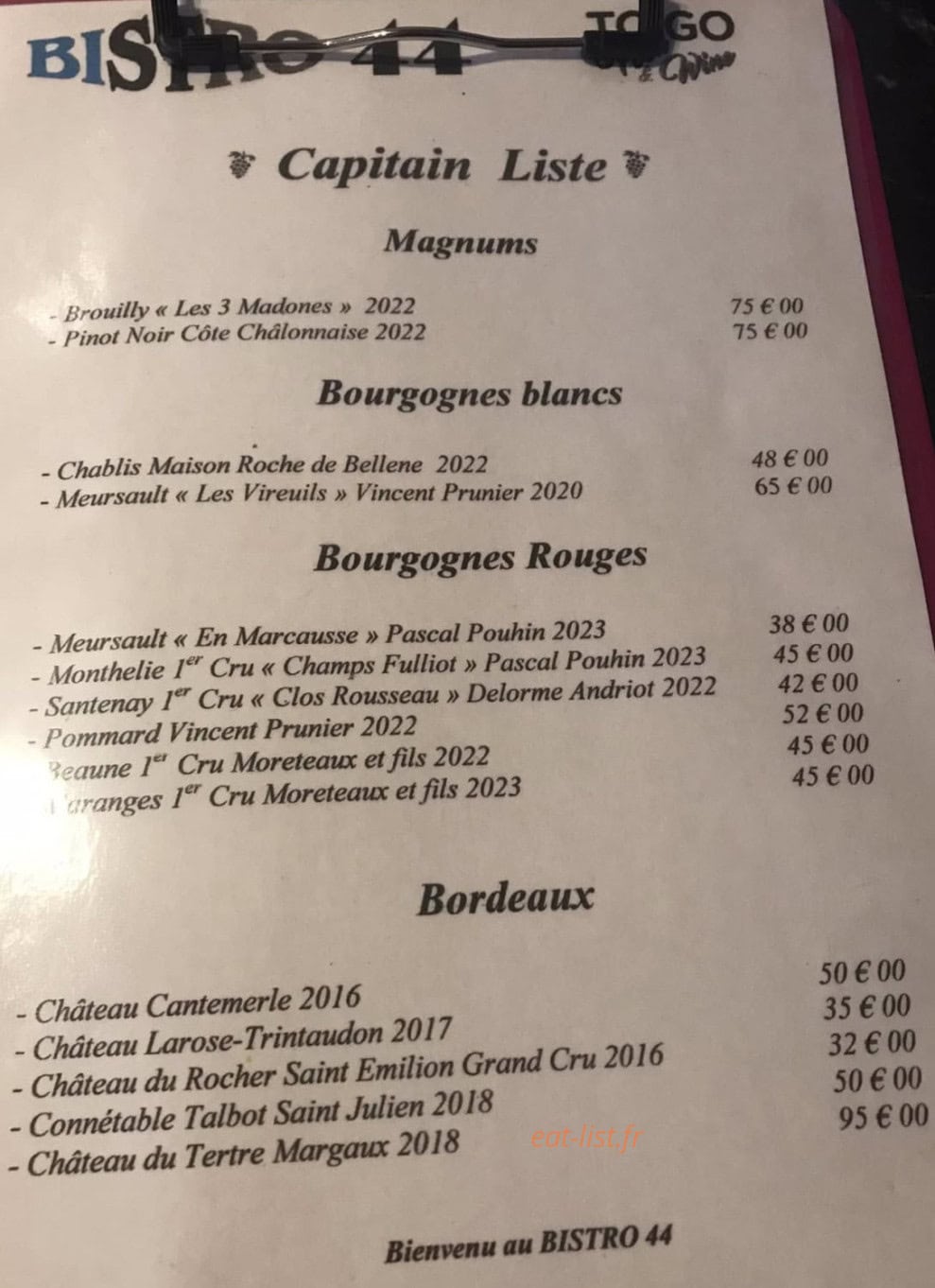 Bistro 44 — carte page 1