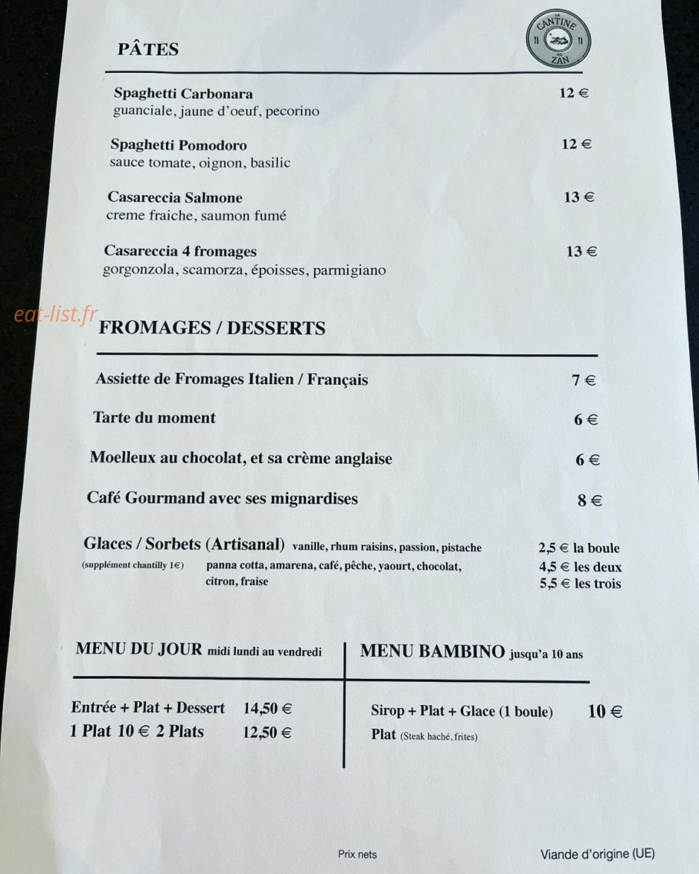 La Cantine de Zan — carte page 1