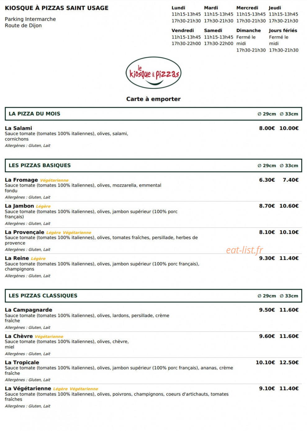 Le Kiosque à Pizzas — carte page 1