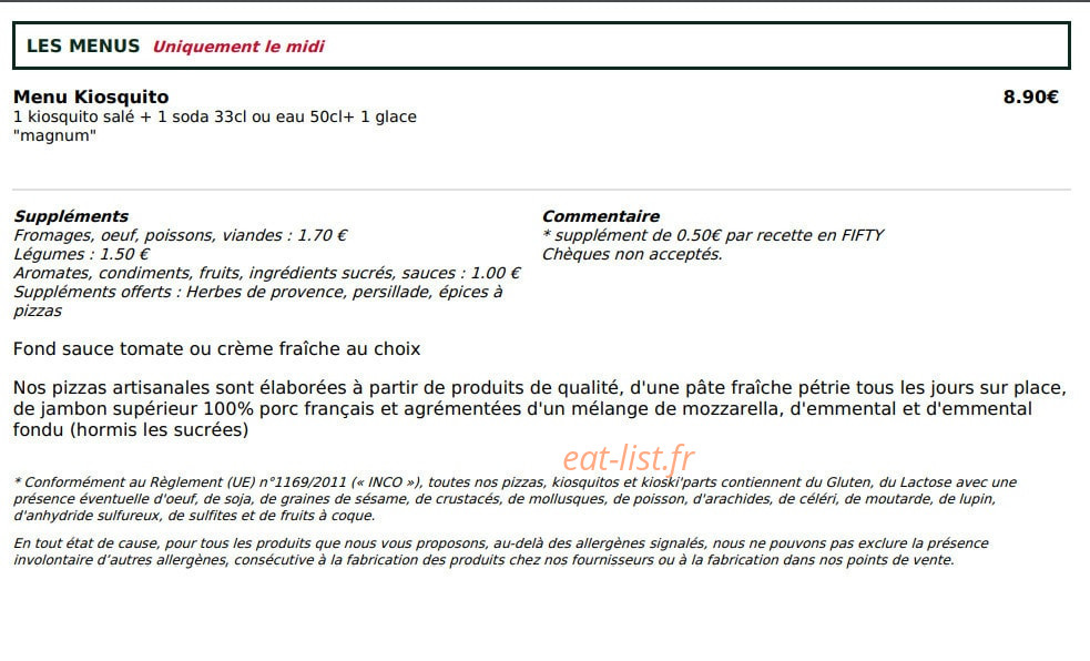 Le Kiosque à Pizzas — carte page 1