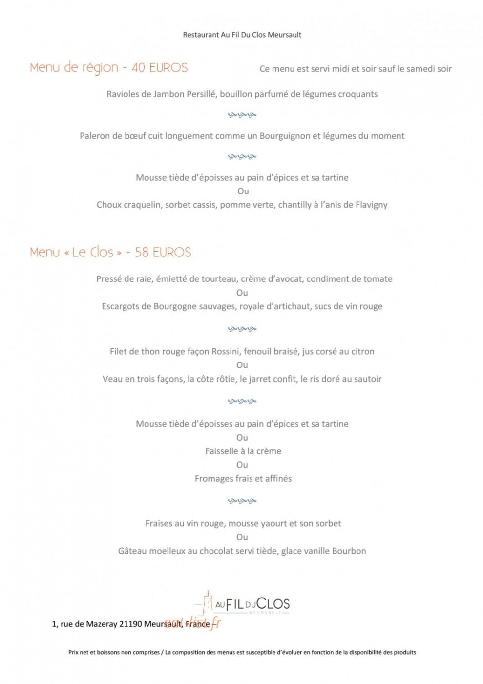 Au Fil du Clos — carte page 1