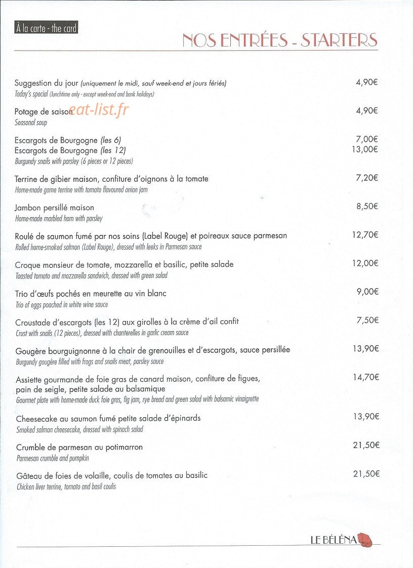 Brasserie Le Belena — carte page 1