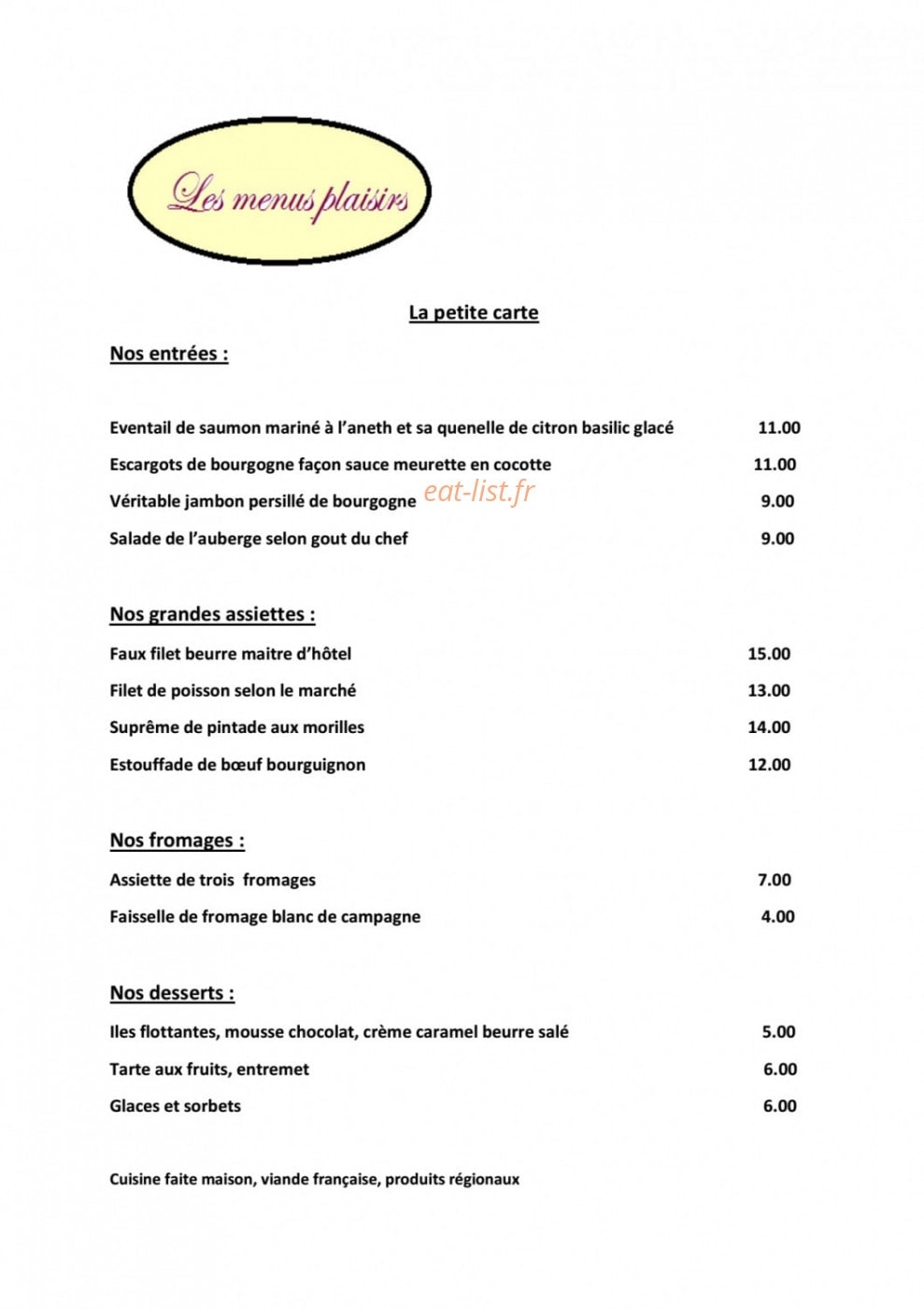 L’Auberge la Bouzaize — carte page 1