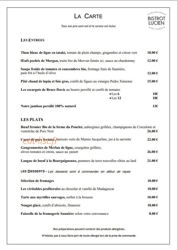 Rôtisserie du Chambertin — carte page 1