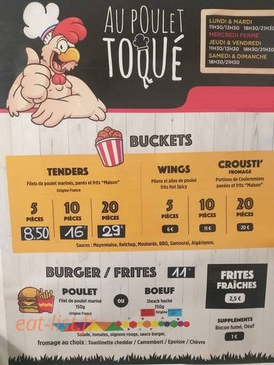 Carte et menu de Au poulet toqué à Bellenot Sous Pouilly — Buckets et burgers