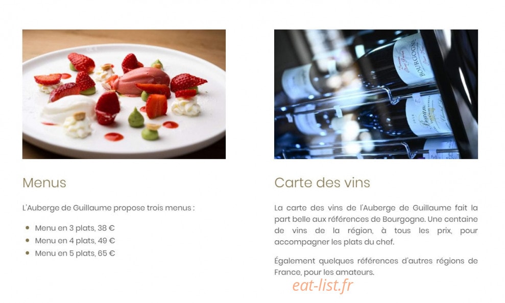 Carte et menu de L'Auberge de Guillaume à Vandenesse en Auxois — Les menus, carte es vins