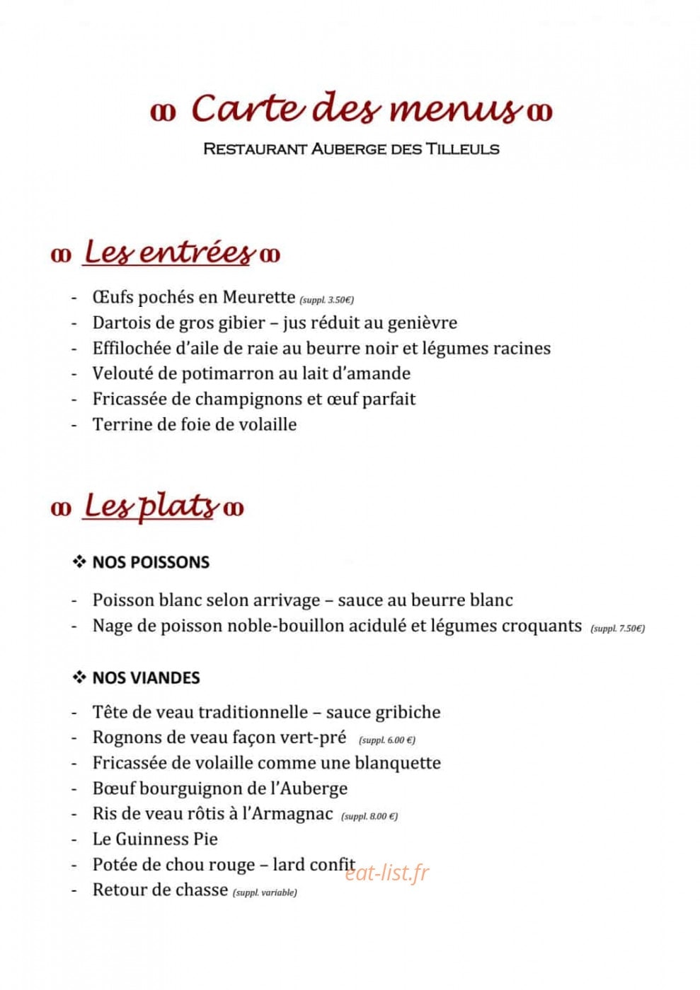Auberge des Tilleuls — carte page 1