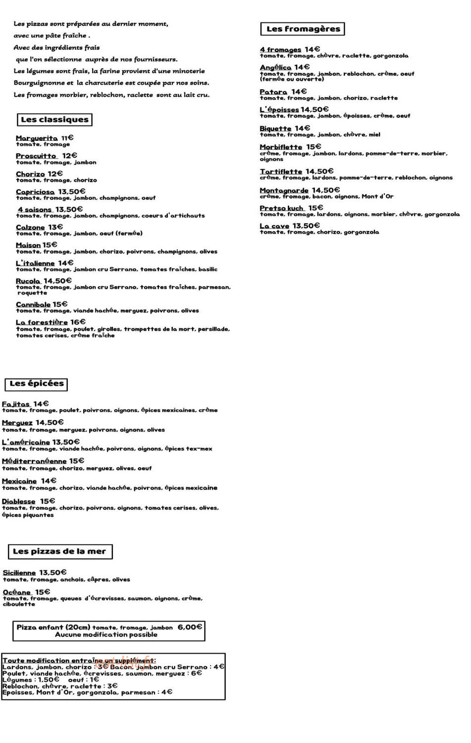 Carte et menu de L'Auberge du Moulin Thibel à Gissey sur Ouche — Les pizzas