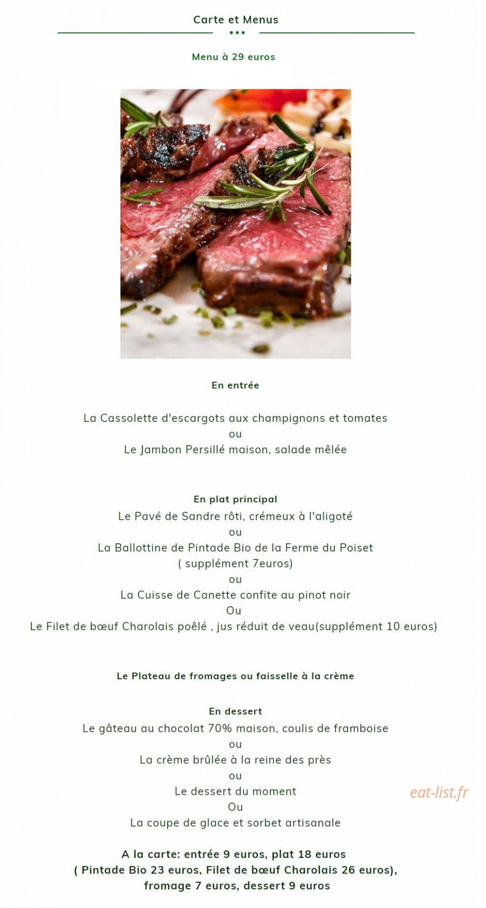 Auberge Saint Martin — carte page 1