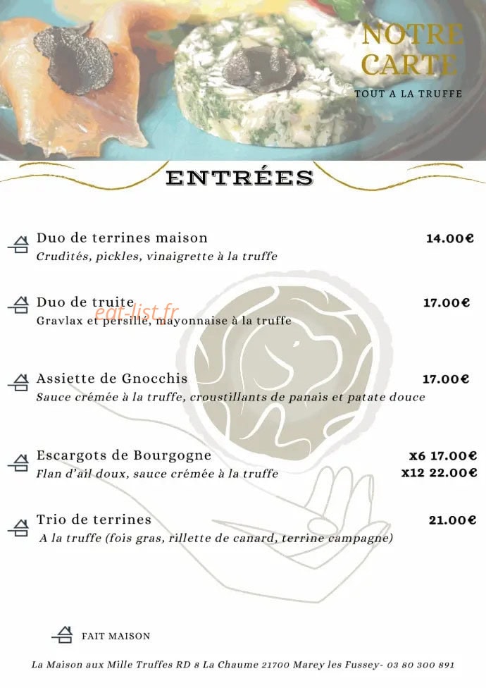 Carte et menu de Maison aux Mille Truffes à Marey les Fussey — Les entrées