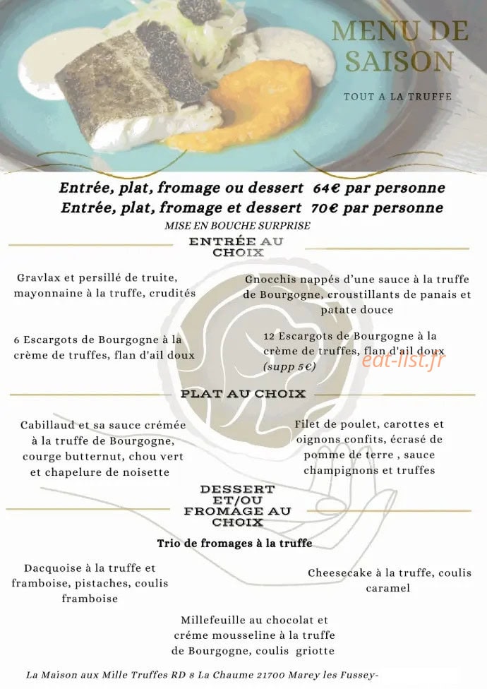 Carte et menu de Maison aux Mille Truffes à Marey les Fussey — Le menu de saison