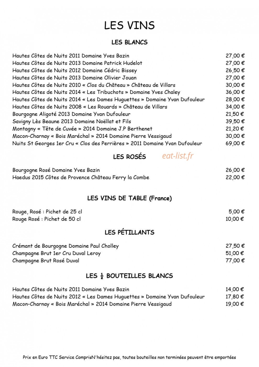 Carte et menu de Auberge du Coteau à Villars Fontaine — Les vins