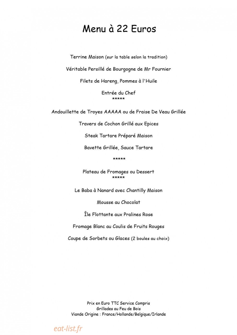 Carte et menu de Auberge du Coteau à Villars Fontaine — Le menu à 22€