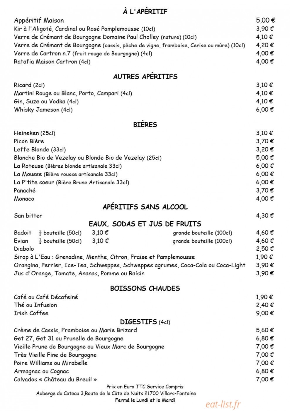 Carte et menu de Auberge du Coteau à Villars Fontaine — Les apéritifs, biere et boissons