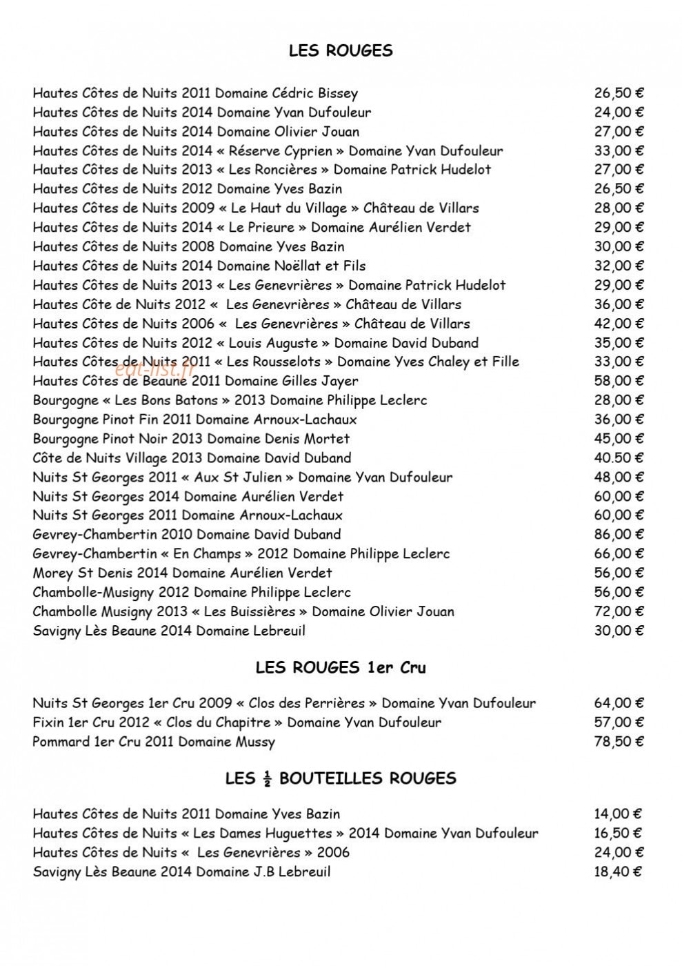 Carte et menu de Auberge du Coteau à Villars Fontaine — Les vins page 2