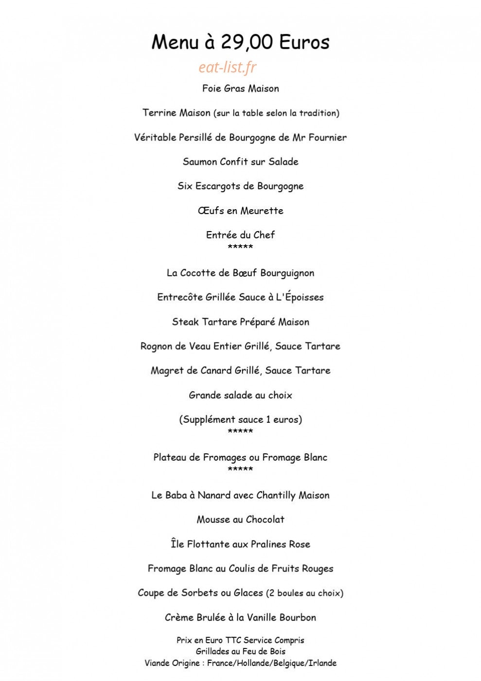 Carte et menu de Auberge du Coteau à Villars Fontaine — Le menu à 29€
